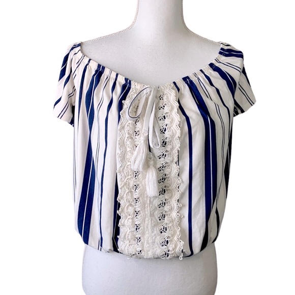Orange Kiss Tops - Orange Kiss Boho Blue & White Striped Top Size XL